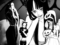 giantess wings monochrome long_hair cat_ears moon gloves dress navel halloween pumpkin standing pants smile looking_at_viewer belt bangs jack-o-lantern greyscale 1girl animal_ears midriff
