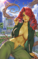 breasts large_breasts long_hair cleavage green_eyes huge_breasts lips red_hair sitting navel day sky smile looking_at_viewer unbuttoned no_bra unzipped long_sleeves areolae very_long_hair solo blue_sky 1girl open_clothes collarbone open_fly arm_support floating_hair