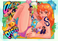 bikini breasts giantess black_hair large_breasts long_hair tongue swimsuit nico_robin barefoot cleavage short_hair navel stomach shorts heart sunglasses holding flower jewelry monkey_d_luffy tattoo bikini_top earrings looking_at_viewer orange_hair sanji hair_ornament nami_(one_piece) multiple_girls roronoa_zoro arm_tattoo 1girl multiple_boys pokemon_(creature) smiling lying_down shrunken_woman shrunken_man legs_crossed dihadoodles