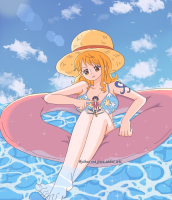 bikini breasts drawing manga color nami one_piece water ocean shrunken_man hat monkey_d_luffy tattoo orange_hair legs_crossed looking_at_tiny on_knee bare_legs