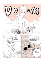 breasts growth giantess nude comic monochrome short_hair navel sunglasses cloud outdoors sky smile goggles master_roshi speech_bubble greyscale covering pov blush english_text no_nipples