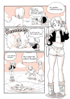 giantess comic monochrome short_hair boots shorts short_shorts cloud bulma standing holding outdoors jacket shirt master_roshi open_jacket greyscale multiple_girls english_text open_clothes android18