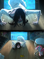black_hair long_hair teeth barefoot red_eyes dress phone blue_skin holding indoors white_dress looking_at_viewer computer bangs long_sleeves television pale_skin shrunken_monster from_above shrunken_woman