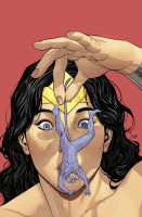 tail long_hair blue_eyes costume bracelet tiara drawing giantess black_hair color dangle comic_cover wonder_woman mouse_man no_background looking_at_tiny dc_comics