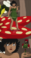 breasts drawing giantess wings comic color handheld barefoot shrunken_woman shrunken_man avengers ant-man caveman marvel_comics the_wasp black_hair toes cleavage shoes multiple_sizes brown_eyes couple mushroom helmet looking_at_tiny janet_van_dyne makeshift_clothing