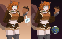 growth green_eyes gloves thighs jacket choker belt stars hairband bare_legs bare_midriff squirrel_girl_(marvel) breasts drawing giantess earth giga tail space color planet brunette shorts top cosmic_giantess marvel_comics nightcore100 nut squirrel_girl pym_particles