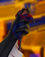 drawing giantess color handheld shrunken_man black_cat marvel_comics felicia_hardy spider-man_2099 alkonavi black_hair claws muscles dark_skin costume