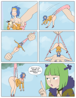 breasts giantess nude panties comic long_hair ass green_eyes blue_hair small_breasts green_hair dress short_hair bottomless shrunken_woman open_mouth coffee freckles wedgie bangs 4koma blush english_text drawing