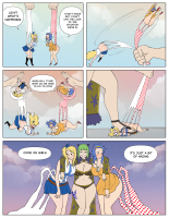 breasts giantess comic large_breasts long_hair beach cleavage skirt green_eyes blue_hair green_hair ponytail dress short_hair sitting navel shrunken_woman rope sky jewelry choker shirt bare_shoulders twilight hair_ornament black_shirt very_long_hair multiple_girls blonde_hair blue_sky english_text midriff star_sky wedgie drawing