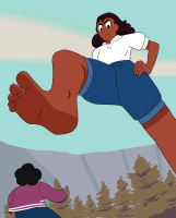 giantess connie_maheswaran drawing feet black_hair long_hair toes barefoot soles black_eyes shorts dark_skin shirt hands_on_hips tiny_man pov brown_hair no_shoes mega color brunette steven_universe cartoon_network