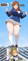 breasts giantess panties giga size_difference city blue_eyes buildings green_eyes uniform thighs white_panties gundam mirai_kamiki gundam_build_fighters_try multiple_girls ai_art gundam_build_metaverse fumina_hoshino avatar_fumina sandy_blonde_hair brunette sky yuegts