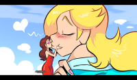 tiny_woman long_hair couple lips kiss dress day heart cloud lipstick sky jewelry nail_polish earrings bare_shoulders makeup eyeshadow multiple_girls blonde_hair brown_hair blue_sky blush strapless yuri letterboxed red_dress black_border