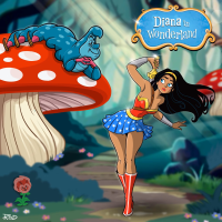sword breasts drawing giantess black_hair color long_hair blue_eyes crossover skirt boots shrunken_woman costume alice_in_wonderland disney wonder_woman flowers caterpillar bracelet tiara dc_comics bare_legs mushrooms rod_allen forest