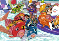 giantess long_hair water gloves boots weapon open_mouth standing hat smile orange_eyes looking_at_viewer goggles orange_hair helmet checkered multiple_girls tiny_man tiny_monsters multiple_boys traditional_media