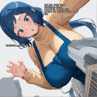 giantess long_hair blue_eyes blue_hair huge_breasts ponytail reaching apron gundam perspective turtleneck gundam_build_fighters rinko_iori diorama ribbed_sweater ai_art buildings english point_of_view yuegts