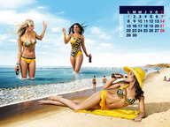 giantess collage mega blonde black_hair swimsuit beach barefoot water giantesses beer earrings sun_hat wading