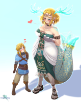 breasts giantess large_breasts blue_eyes cleavage green_eyes gloves ponytail dress mini_giantess sandals heart jewelry smile earrings looking_at_viewer bare_shoulders thick_eyebrows princess_zelda blonde_hair blush strapless collarbone pointy_ears sidelocks