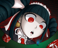 shrinking tiny_person black_hair long_hair red_eyes ribbon dress twintails gothic_lolita open_mouth jacket bow looking_at_viewer bangs bell black_nails maid_headdress necktie drill_hair bonnet red_background enticent simple_background blunt_bangs eyebrows_visible_through_hair twin_drills lolita_fashion red_neckwear giantess celestia_lundenberg