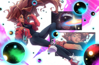 pants universe thighs purse breasts drawing giantess vore giga space color long_hair planet green_eyes shoes brunette smiling red_hair sun carmen_sandiego reaching dark_skin jacket earrings stars hands_on_hips zipper thief pinched cosmic_giantess cutaway zerohour99 black_hole omni