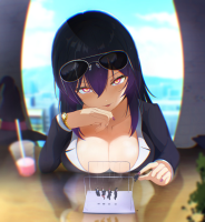 giantess breasts black_hair large_breasts long_hair tongue swimsuit cleavage purple_hair sunglasses pink_nails tan jewelry smile jacket nail_polish looking_at_viewer bracelet bangs blurry long_sleeves tiny_man blush tongue_out tiny_people eyewear_on_head depth_of_field blurry_foreground hair_between_eyes blurry_background