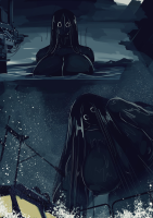 breasts drawing nipples giantess nude black_hair color long_hair water ocean wet huge_breasts ship low_angle looming night outdoors monster_girl looking_at_viewer splashing youkai black_skin pov umibozu tinboryte
