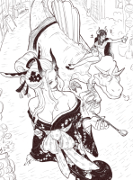 breasts giantess horns monochrome large_breasts long_hair one_piece cleavage japanese_clothes kimono oni smoke fingernails t-rex bare_shoulders pipe hair_ornament long_sleeves obi sash hair_bun black_maria tiny_woman 1girl off_shoulder kiseru holding_pipe ulti(one_piece)