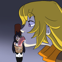 black_hair long_hair tongue licking oral saliva purple_eyes yellow_eyes bondage blue_skin eating food bdsm bow long_tongue hair_bow blake_belladonna multiple_girls 2girls giantess blonde shrunken_woman thigh_highs rwby yang_xiao_long