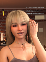 teeth lips short_hair kitchen lipstick indoors jewelry necklace looking_at_viewer nose_ring bangs makeup bookshelf pearl_necklace realistic blonde_hair dangling tiny_woman 1girl blunt_bangs upper_body collarbone earring giantess human_earring human_jewelry human_accessory human_accessories