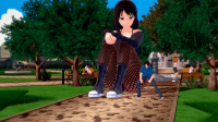 giantess size_difference park mini_giantess koikatsu original_character tree boots day fishnets cloud outdoors sky multiple_girls brown_hair blue_sky pantyhose chain-link_fence fishnet_legwear