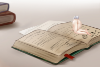 drawing white_hair collage nude feet butt drawing_collage elf twintails shrunken_woman back all_fours book emageht facing_away easonx frieren pointy_ears anus
