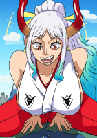 breasts giantess white_hair horns large_breasts long_hair red_eyes ribbon brown_eyes ponytail day open_mouth cloud pants outdoors sky jewelry smile shirt earrings looking_at_viewer bare_shoulders sleeveless bangs red_pants mole solo solo_focus blue_sky tiny_people 1girl collarbone