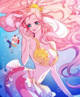 breasts giantess long_hair blue_eyes cleavage skirt mermaid underwater pink_hair navel smile bare_shoulders scales bubble shell pink_skin fins very_long_hair frills tiny_person air_bubble blonde_hair 1girl strapless floating_hair shell_bikini
