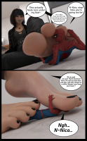 black_hair jeans short_hair shrunken_man mask pants shirt necklace belt dialogue peter_parker hair_streak marvel_comics breasts comic toes barefoot asian foot_crush costume looking_at_tiny digital_render spider-man anttiergod nico_minoru