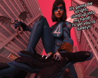 buildings moon short_hair monster breasts giantess wings city mega black_hair handheld kneeling vampire fighting mask dark_skin costume fantastic_four belt dialogue looking_at_tiny digital_render ms_marvel marvel_comics kamala_khan anttiergod