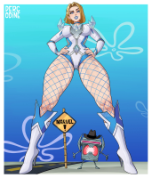 breasts drawing giantess blonde color robot thighs hands_on_hips x-men sign emma_frost ultron marvel_comics percodine large_breasts blue_eyes high_heels short_hair boots fishnets hat costume leotard marvel_rivals