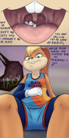 drawing giantess vore furry anthro blonde comic color tongue clothed text bunny teeth saliva green_eyes digestion low_angle smiling uvula mawshot stomach open_mouth swallowed multiple_victims stomach_acid stomach_view internal_view lola_bunny sound_effects looney_tunes saliva_strands cutaway space_jam hand_on_belly brown_fur ninanina