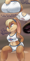 drawing giantess furry tail anthro blonde color large_breasts butt clothed text bunny cleavage butt_crush green_eyes sweat milk smiling close_up multiple_victims breast_milk rear_view internal_view lola_bunny crotch_crush breast_vore looney_tunes space_jam bare_midriff clothing_entrapment between_breasts sitting_on_tiny brown_fur ninanina