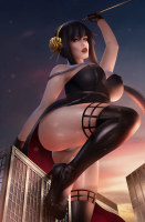 breasts drawing panties city upskirt black_hair color long_hair cleavage high_heels buildings anime brown_eyes gloves dress boots cosplay thighs knife looking_at_viewer bare_legs giantess mountolympuscomics spyxfamily yor_forger mount_olympus_comics yor yorforger spy_family