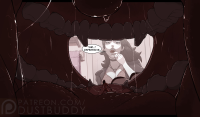 breasts drawing nude black_hair color tongue teeth cleavage saliva fangs shrunken_man reflection bathroom jacket choker necklace mirror dialogue on_tongue dust_buddy vore mouth_play