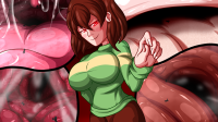 brunette sweater on_tongue drawing micro vore blushing color large_breasts tongue clothed finger saliva red_eyes milk smiling uvula shadow inside_mouth fingernail breast_milk internal_view multiple_prey breast_vore undertale chara cutelittlenightmare saliva_strands brown_hair large_intestine