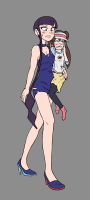 breasts drawing pokemon black_hair color blue_eyes handheld high_heels brunette dress mini_giantess unknown_artist twintails source_needed no_background hilda bare_legs elesa