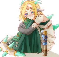 tail breasts drawing giantess blushing horns blonde color skirt green_eyes gloves elf dress boots sitting flowers tears earrings belt no_background looking_at_tiny pointed_ears the_legend_of_zelda link_(the_legend_of_zelda) princess_zelda_(the_legend_of_zelda)