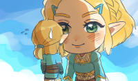 breasts drawing giantess blushing mega blonde color green_eyes smiling ponytail short_hair looming shrunken_man earrings looking_at_tiny pointed_ears the_legend_of_zelda link_(the_legend_of_zelda) princess_zelda_(the_legend_of_zelda) didi_en_ilu