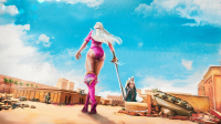 drawing giantess white_hair city mega color long_hair destruction giant sword high_heels buildings tank boots muscles pants thighs palm_trees hat cape leotard source_needed bare_legs riopapa