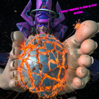 black_hair purple_eyes foot_crush planet_destruction dialogue stars debris digital_render cosmic_giantess giantess earth giga space destruction toes barefoot galacta helmet marvel_comics harbingerinfinit marvel_rivals