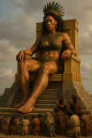 giantess feet queen aztek breasts mega black_hair barefoot cleavage skirt kneeling muscles worship crown dark_skin tattoo necklace earrings native top throne belt bracelet source_needed bare_legs ai_art sora
