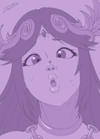 drawing gentle monochrome sweat sketch nose jora-bora pit palutena kid_icarus giantess long_hair shrunken_man looking_at_tiny on_nose