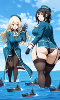 giantess size_difference black_hair blue_eyes water red_eyes garters battleship military_uniform looking_back waving kantai_collection beret atago takao shipgirl multiple_girls breasts panties mega blonde long_hair butt ocean gloves short_hair giantesses thighs ships ai_art yuegts