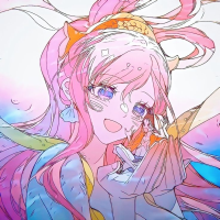 giantess long_hair blue_eyes wet crying pink_hair open_mouth holding smile tears looking_at_viewer bangs hair_ornament tiny_man 1girl eyebrows_visible_through_hair upper_body crying_with_eyes_open
