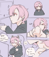 giantess drawing comic cat_ears pink_hair short_hair phone pink_eyes headphones holding sweater hoodie hood tiny_man blush tiny_people 1girl animal_ears hair_over_one_eye lucyloveyou squiggle